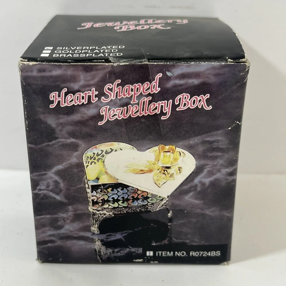 Heart and Rose Silver Plated Trinket Ring Jewelry Box, Filigree Silver Tone Mesh